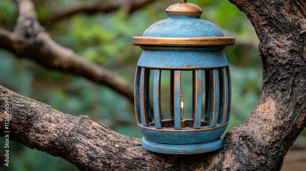 A blue lantern with a gold top sits on a tree branch. The lantern is lit, creating a warm and inviting atmosphere. Concept of tranquility and relaxation A blue lantern with a gold top sits on a tree branch. The lantern is lit, creating a warm and inviting atmosphere. Concept of tranquility and relaxation