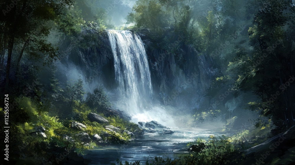 Serene waterfall cascading down lush green forest cliff. Serene waterfall cascading down lush green forest cliff.