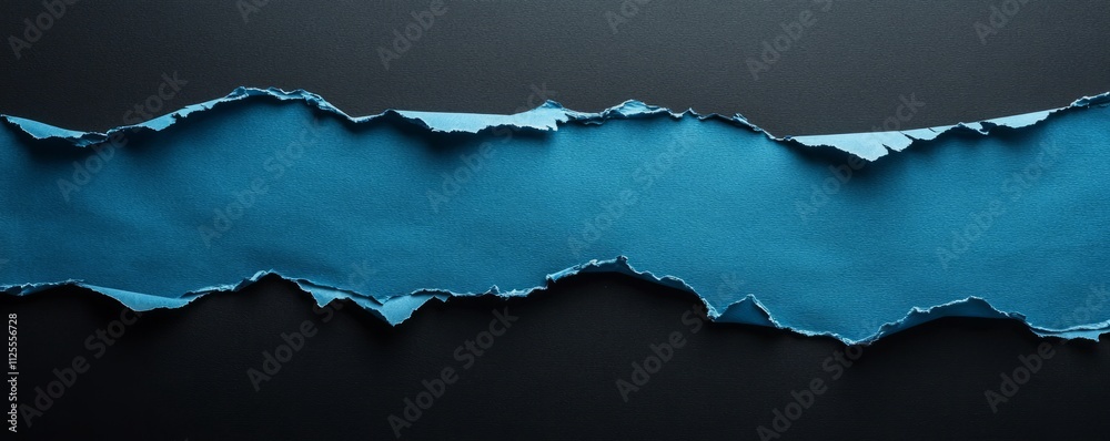 An aerial view of ripped blue paper uncovers a black background, creating a dramatic contrast. An aerial view of ripped blue paper uncovers a black background, creating a dramatic contrast.