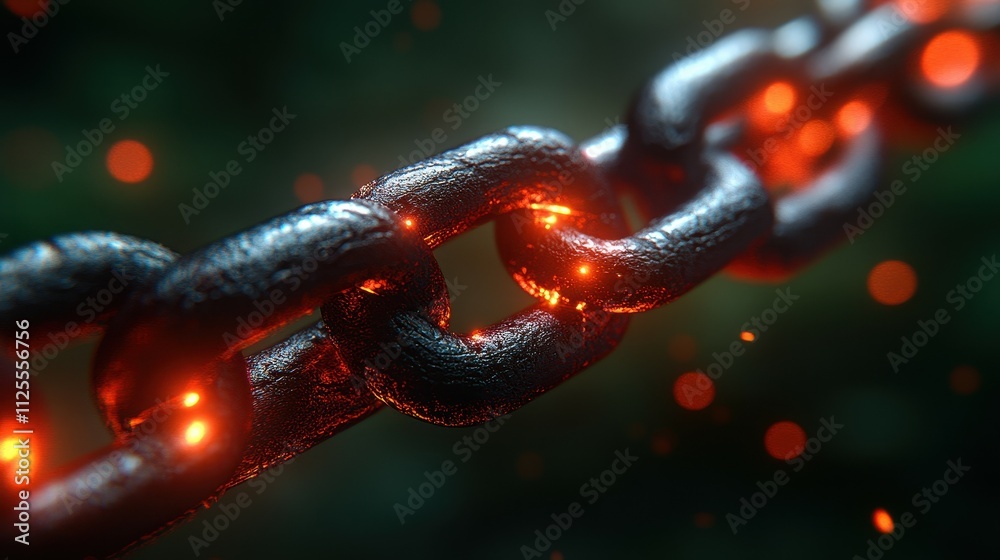 A chain of links is shown with a black metal chain and a red glowing effect. The chain is surrounded by a dark background