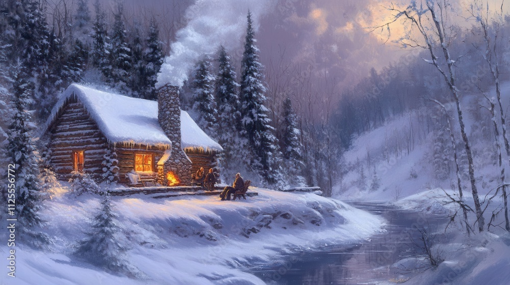 Cozy snow-covered cabin by river. Cozy snow-covered cabin by river.