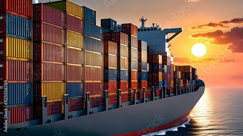 Large Cargo Ship Carrying Stacked Shipping Containers Sailing at Sunset on a Calm Ocean

 photo