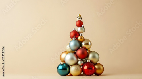 Pyramid of colorful christmas ornaments on a neutral background