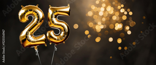 Two golden foil balloons shaped like the digit 25 on a dark smokey background with bokeh. Narrow banner with space for text. Atmosphere for celebration, birthday party, anniversary, wedding day, event