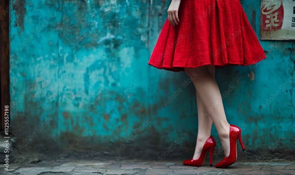 Chinese woman, red linen skirt, red high heels, standing on the street. Chinese woman, red linen skirt, red high heels, standing on the street.
