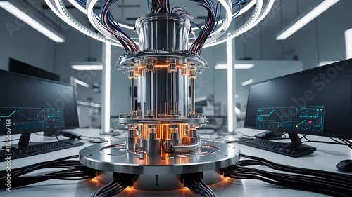 High-Tech Quantum Computing Machine with Multiple Screens and Illuminated Components in a Modern Laboratory

 photo