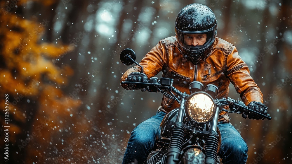 A man in a leather jacket is riding a motorcycle in the rain. The man is wearing a helmet and gloves. The motorcycle is equipped with a headlight and a mirror. The man is riding in the woods A man in a leather jacket is riding a motorcycle in the rain. The man is wearing a helmet and gloves. The motorcycle is equipped with a headlight and a mirror. The man is riding in the woods