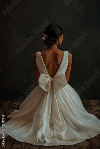 Woman in a Wedding Evening Dress with a Large Bow on Her Back, Standing Backwards