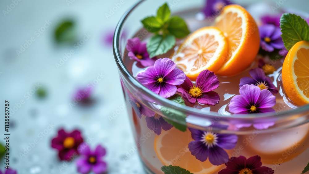 A refreshing glass of hwachae adorned with slices of oranges and a sprig of lavender on a table. A refreshing glass of hwachae adorned with slices of oranges and a sprig of lavender on a table.