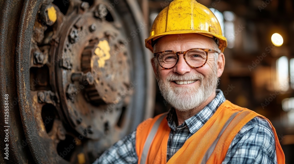 A man wearing a yellow hard hat and orange vest is smiling for the camera. He is standing in front of a large metal wheel A man wearing a yellow hard hat and orange vest is smiling for the camera. He is standing in front of a large metal wheel