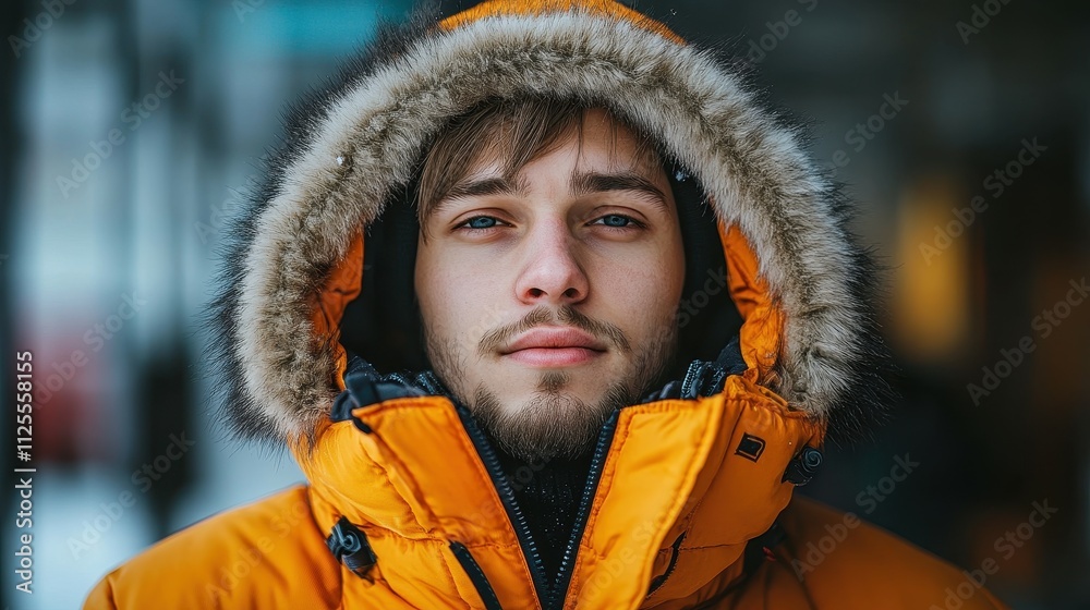 A man wearing an orange coat and a fur hooded jacket. He has a beard and a mustache