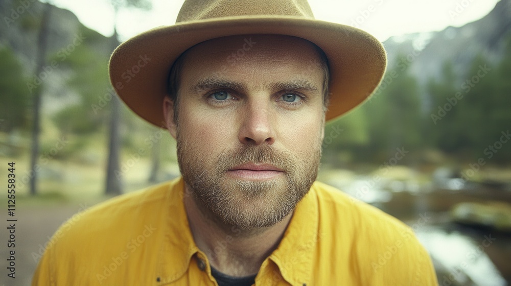 A man with a beard and a yellow hat is standing in front of a body of water. The man is wearing a yellow shirt and a hat A man with a beard and a yellow hat is standing in front of a body of water. The man is wearing a yellow shirt and a hat