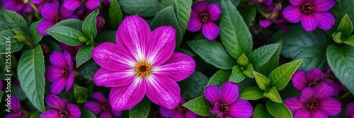 Purple flower petals and leaves in a lush arrangement, perfect for botanical backgrounds or nature-themed designs, detail, lush