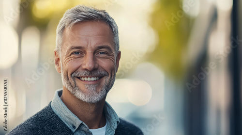 Caucasian mature male smiling outdoors in urban setting