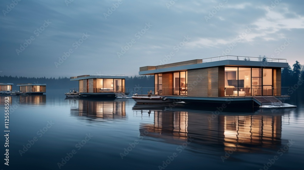 A photo of Minimalist Houseboat Homes Floating on river A photo of Minimalist Houseboat Homes Floating on river
