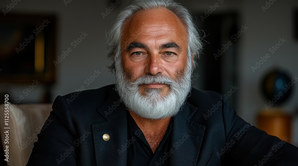 A man with a beard and gray hair is sitting in a chair. He is wearing a black suit and a gold lapel pin A man with a beard and gray hair is sitting in a chair. He is wearing a black suit and a gold lapel pin