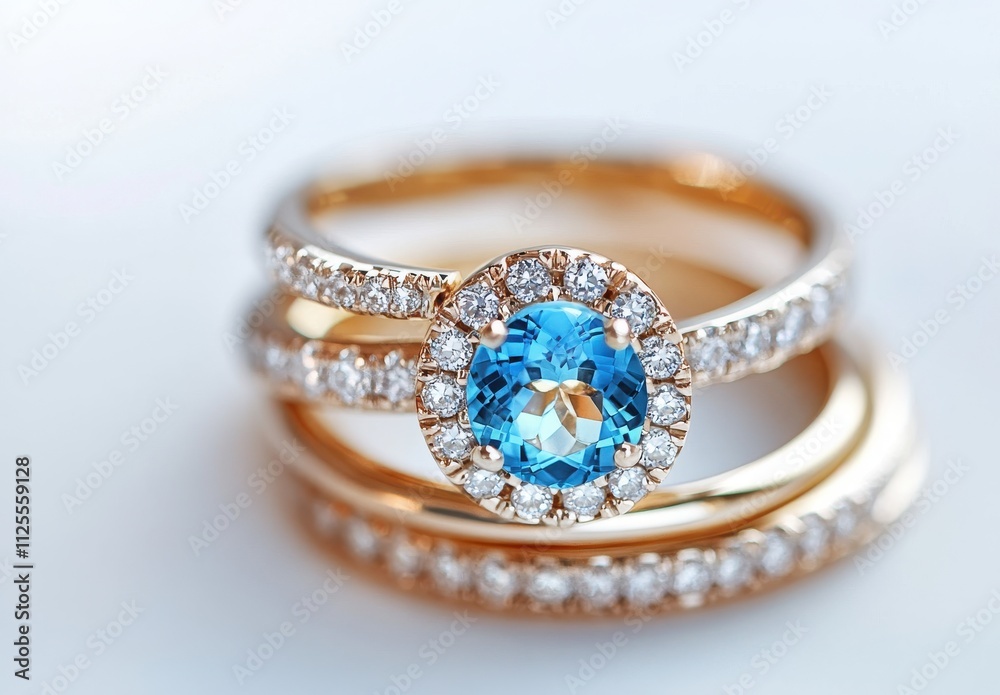 Exquisite Close-Up of Elegant Three Ring Set Featuring Stunning Blue Gemstone Surrounded by Sparkling Diamonds on a Soft Background Exquisite Close-Up of Elegant Three Ring Set Featuring Stunning Blue Gemstone Surrounded by Sparkling Diamonds on a Soft Background