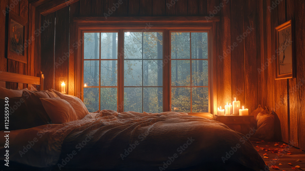 Cozy rustic bedroom interior with ambient candlelight and autumn forest view Cozy rustic bedroom interior with ambient candlelight and autumn forest view