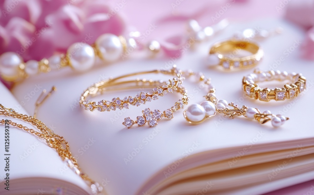 Exquisite Collection of Elegant Gold and Pearl Jewelry Displayed on a Soft Pink Background with a Touch of Luxury and Glamour for Fashion Inspiration