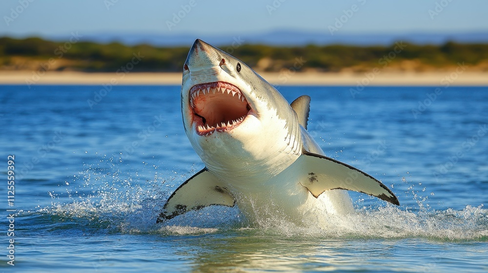 Fototapeta premium A shark is leaping out of the water with its mouth wide open. The scene is dynamic and exciting, with the shark's powerful jaws and the water splashing around it. Concept of danger and awe