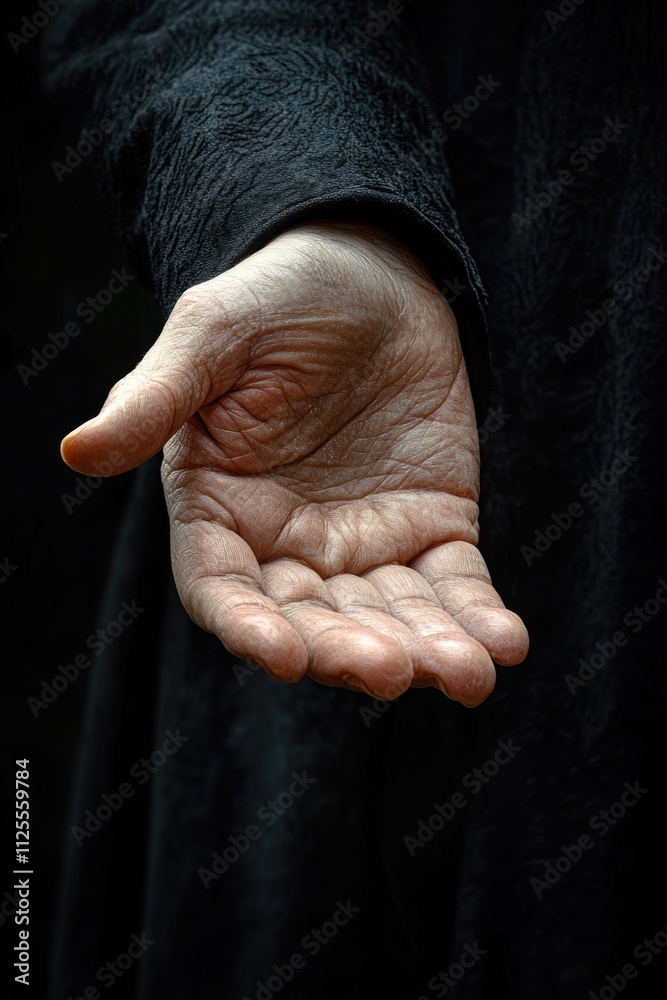 Fototapeta premium A figure in a black robe holds out their hands, conveying a sense of reverence or mourning