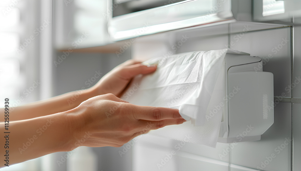 Woman taking new fresh paper towel from dispenser in bathroom, closeup. Space for text Woman taking new fresh paper towel from dispenser in bathroom, closeup. Space for text