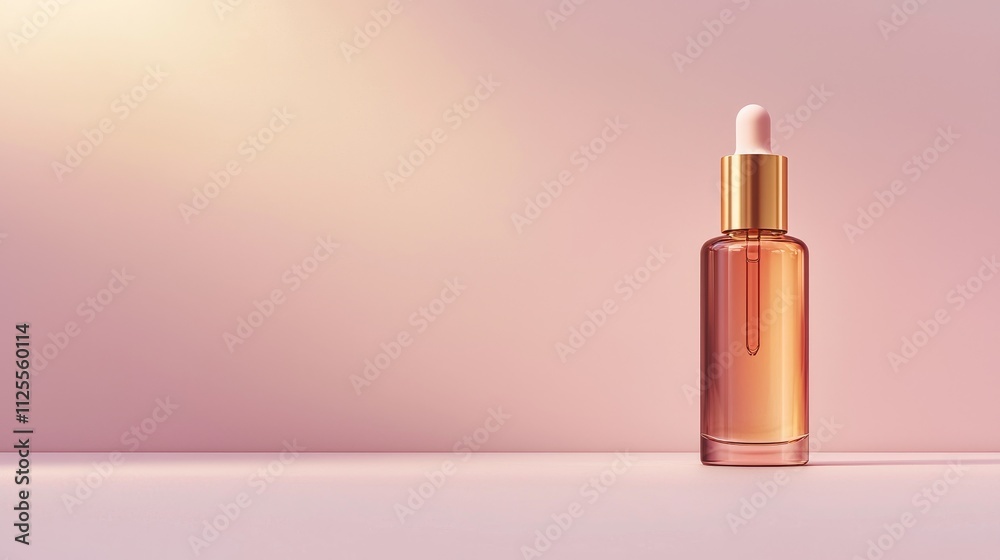 Elegant Rose Gold Serum Bottle with Dropper on Minimalist Pink Background for Skincare and Beauty Product Advertising Elegant Rose Gold Serum Bottle with Dropper on Minimalist Pink Background for Skincare and Beauty Product Advertising