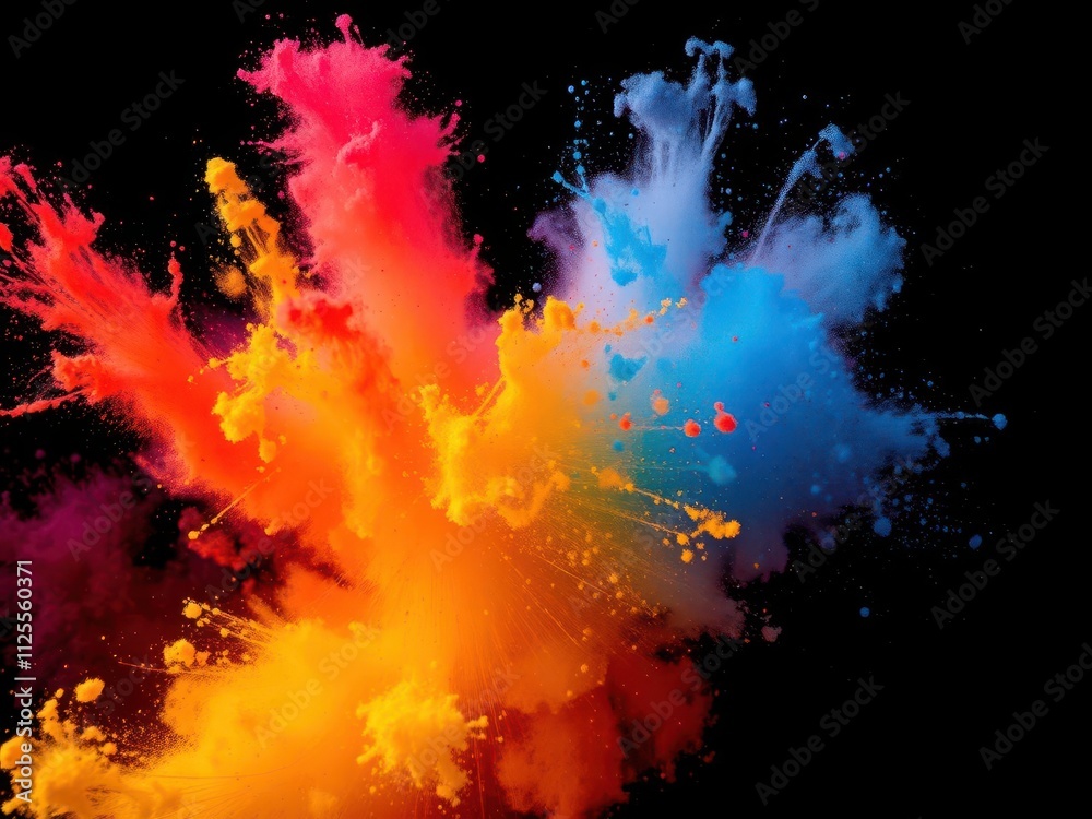 Vibrant explosion of colored powder against dark backdrop, bright, festival Vibrant explosion of colored powder against dark backdrop, bright, festival