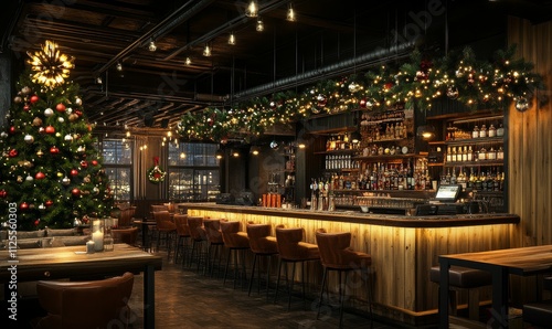 Christmas trees, a festively adorned tree, and winter-inspired decorations with bokeh effects for a bar or restaurant.