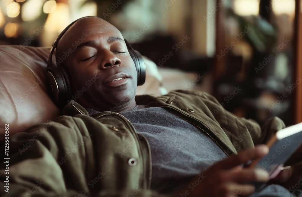 Man enjoying music through headphones while relaxing on a leather couch creates a cozy and peaceful atmosphere Man enjoying music through headphones while relaxing on a leather couch creates a cozy and peaceful atmosphere