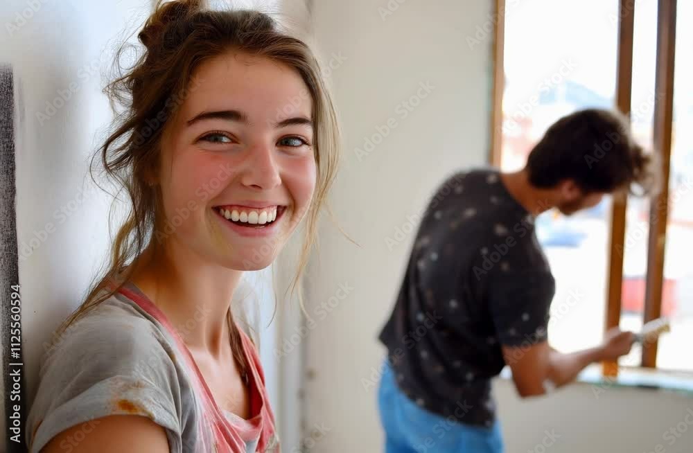 Smiling woman enjoys watching a man paint a window in the background, showcasing their teamwork during home renovation Smiling woman enjoys watching a man paint a window in the background, showcasing their teamwork during home renovation