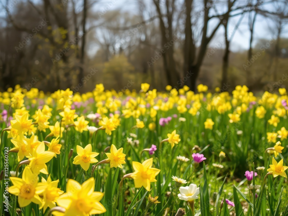 Vibrant yellow daffodil flowers blooming in a lush field under the bright sun, beauty, field, outdoors Vibrant yellow daffodil flowers blooming in a lush field under the bright sun, beauty, field, outdoors