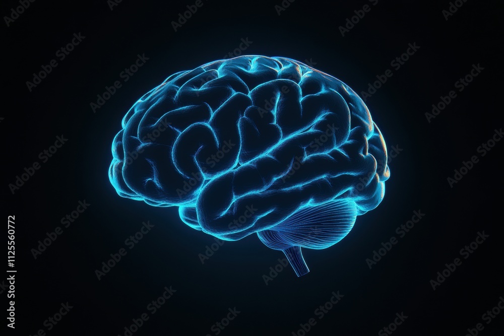 A detailed depiction of a brain illuminated by blue neural pathways, set against a dark background with space for text. Generative AI A detailed depiction of a brain illuminated by blue neural pathways, set against a dark background with space for text. Generative AI