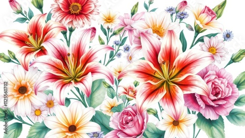 Vibrant watercolor illustration of different types of flowers including roses, lilies, and daisies on a white background, lilies, daisies, botanical