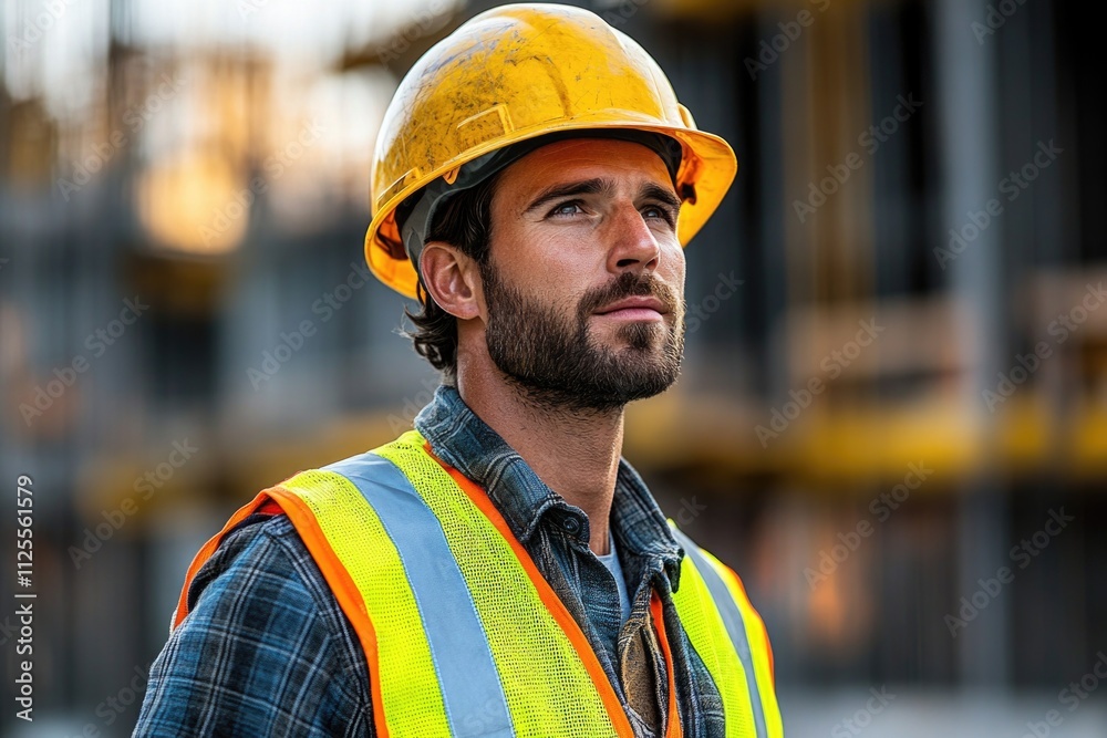 A worker wearing a hard hat and safety vest on a construction site A worker wearing a hard hat and safety vest on a construction site