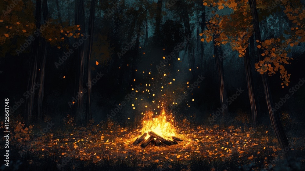 Magical campfire in autumn forest at night.