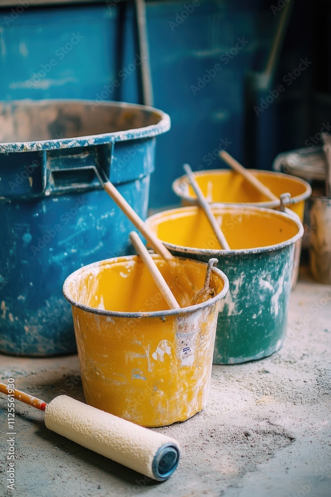 A pair of buckets sit on a wooden table A pair of buckets sit on a wooden table