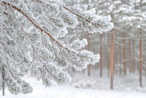 A solitary pine tree stands tall amidst a blanket of snow in a serene winter forest photo