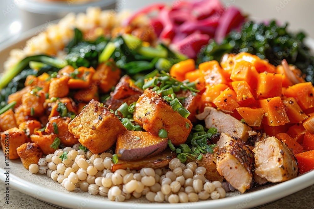 A plate filled with meat and vegetables, perfect for a meal or buffet A plate filled with meat and vegetables, perfect for a meal or buffet
