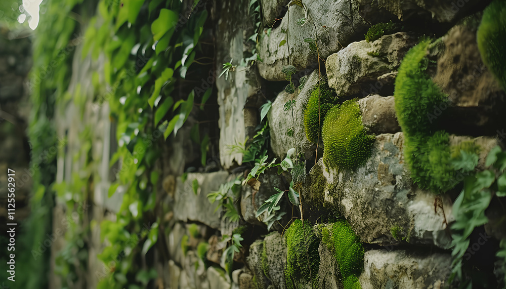 Stone wall overgrown with green moss outdoors, closeup Stone wall overgrown with green moss outdoors, closeup