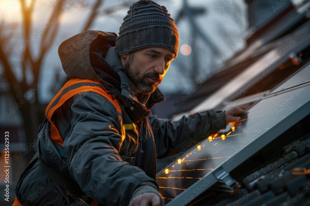 A person installing solar panels on a rooftop A person installing solar panels on a rooftop