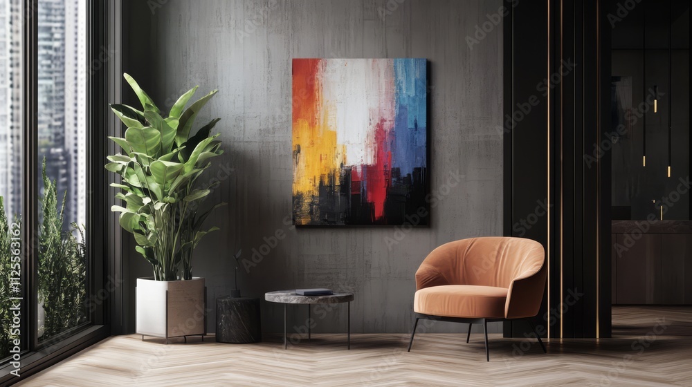 Fototapeta premium Abstract art hangs in modern interior with armchair.
