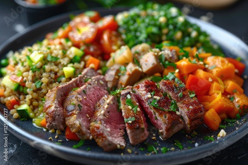 A nutritious plate filled with various food groups including meats, vegetables, and whole grains