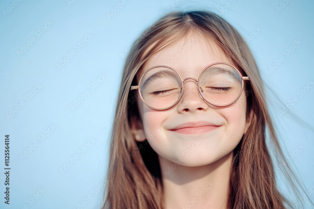 A young girl with glasses smiles directly at the camera, perfect for use in personal or commercial projects A young girl with glasses smiles directly at the camera, perfect for use in personal or commercial projects