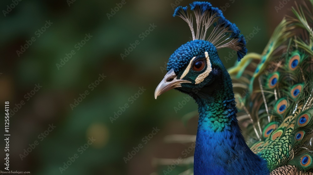 Obraz premium Close-up of a peacock's head and neck, showcasing vibrant blue plumage and intricate patterns.