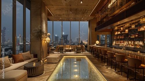 Luxurious rooftop bar with city view at night, featuring a long bar, comfortable seating, and a water feature.