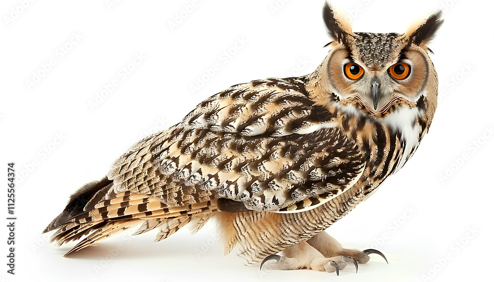 Fototapeta premium Beautiful eagle owl on white background, closeup. Predatory bird