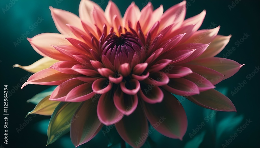 Un primer plano de una vibrante flor de dalia rosa y verde con pétalos suaves y difusos sobre un fondo borroso y verde azulado Un primer plano de una vibrante flor de dalia rosa y verde con pétalos suaves y difusos sobre un fondo borroso y verde azulado