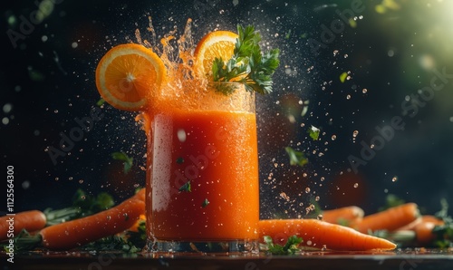 Carrotorange juice splash with carrots and orange slices, vibrant health juice banner photo