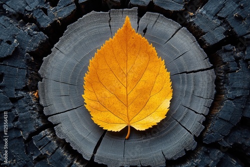 A single yellow leaf sits atop a decaying tree stump in nature photo